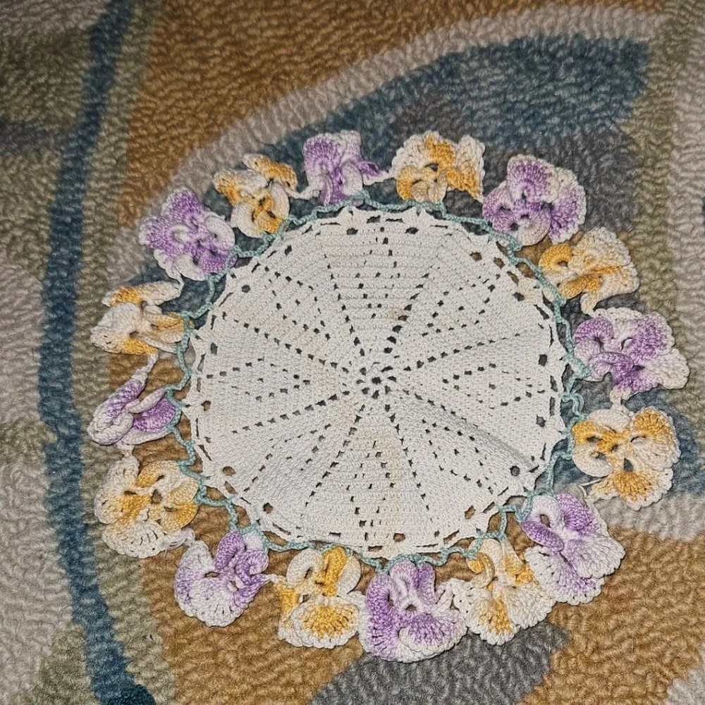 Vintage Handmade Crochet Doily Lot 4pc Floral Lace Green Purple Yellow White